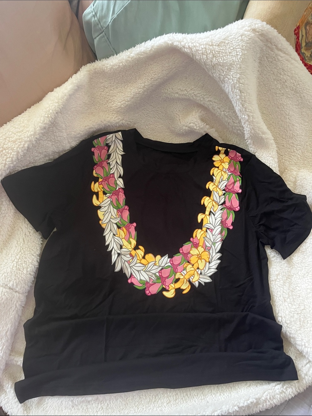 Designed in Hawaii,  Black Short-Sleeve Tee with Multicolor Floral Leis graph